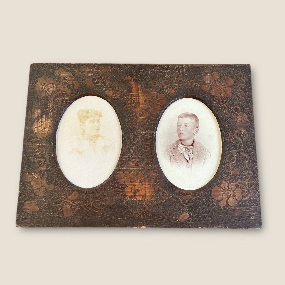 Antique Vintage Double Portrait Wood Frame Sepia Photographs Family Victorian